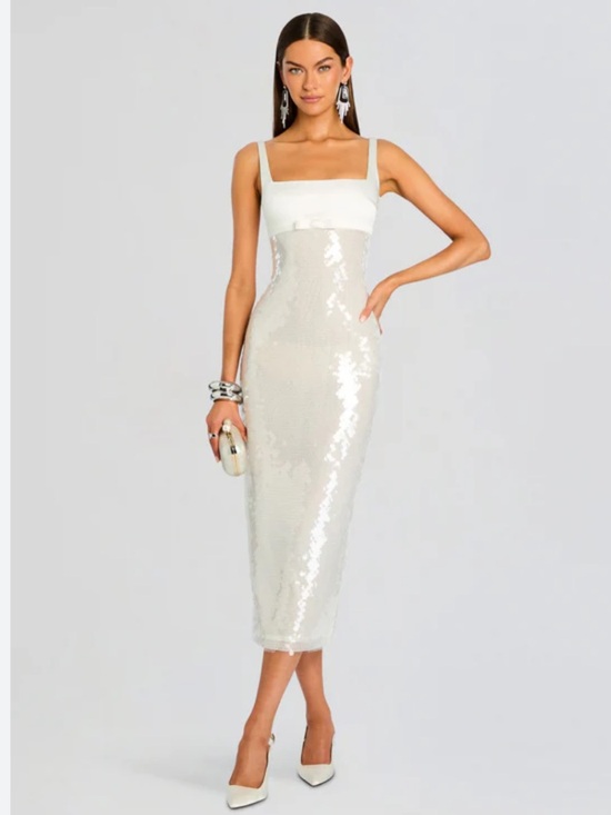 Nwt Retrofete Dress Yvaine Midi Square-Neck Column Sequin In Ivory White